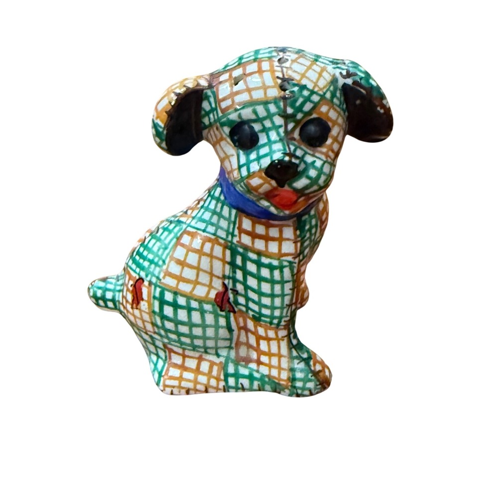 Brayton Laguna Pottery Gingham Dog Shaker Vintage Patchwork Kitsch Folk Art 3"